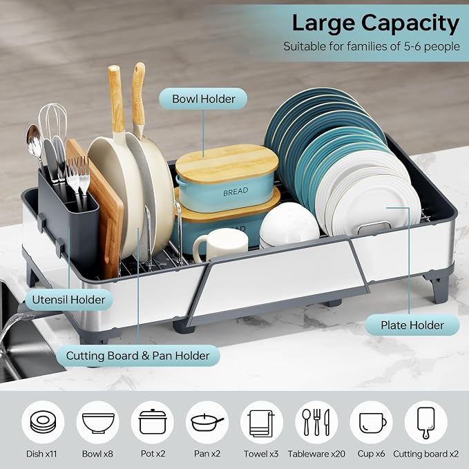 Urackify Expandable Dish Drying Rack for Kitchen Counter, 16.5"-24.2", Gray | Triple Extendable Rust-Resistant Stainless Steel Sink Dish Drainers with Utensil & Pans Holder for RV, Appartment