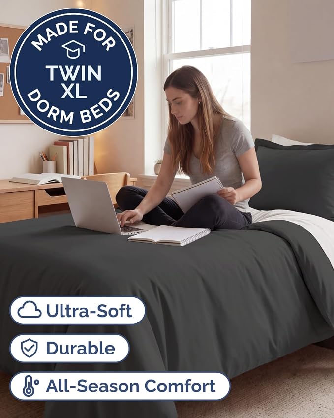 Duvet Cover Twin/Twin XL Size Set - Extra Soft Twin/Twin XL Duvet Cover 68" x 90" with 1 Pillow Sham for Women, Men, Kids & Teens - Comfy, Easy-Care & Fade Free w/ Zipper Closures & Ties (Charcoal)