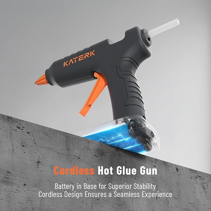 Katerk 12V Cordless Hot Glue Gun Kit with 24 Glue Sticks, 90s Fast Heating | Wireless Heavy Duty Glue Gun and Sticks Set (11×150mm), Rechargeable 2500mAh Battery, Drip-Free for Crafts DIY, Repair, Gift