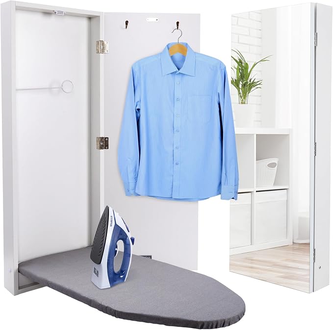 Ivation Wall-Mounted Ironing Board Cabinet, Foldable Ironing Storage Station for Home, Apartment, Easy-Release Lever, Garment Hooks, with Full Mirror Door, White