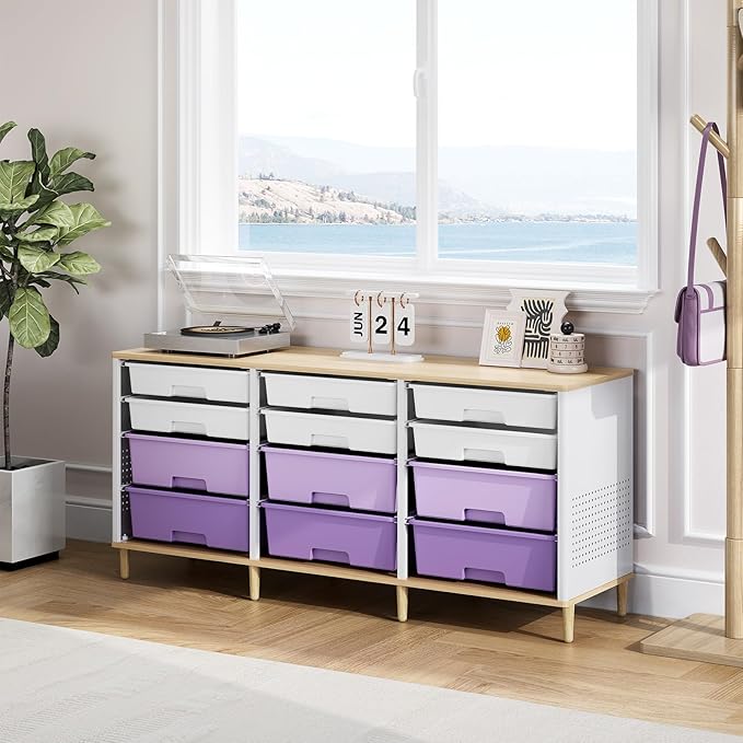 12 Drawers Storage Cabinet with Wooden Top and Plastic Bins, Toy Storage Organizer Toy Shelf Storage Chest Cubby Organizer for Home, Office, Playroom, Classroom & Craft Room Storage (Gradient Purple)