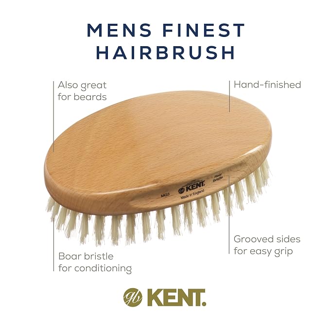 Kent MG3 Finest Men's Hair & Beard Brush for Skin Care - 100% Natural White Boar Bristle for Mens Grooming, Scalp Brush, 360 Wave, Beard and Mustache Straightener For Men's Hair Care