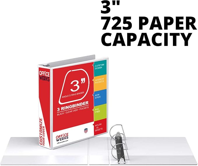3 Ring Binder 3 Inch, 12 Pack, Heavy Duty Locking D-Ring, Holds 725 Sheets, Non-Stick Clear View Cover with Pockets for 8.5 x 11, PVC-Free, Assembled in USA, White - Ring Binder Depot | Non-Stick Clear View Cover with Pockets for 8.5 x 11, PVC-Free, No...
