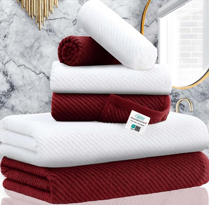 VOOVA & MOVAS 6PC Towel Set, 100% Cotton, Burgundy Red White | 2 Large Bath 30x56 In, 2 Hand 18x28 In, 2 Wash Cloths 13x13 In, Quick Dry, Soft, Thick, Bathroom Essentials