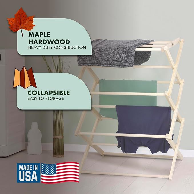 Pennsylvania Woodworks Premium American Maple Clothes Drying Rack - Handcrafted in Pennsylvania - Solid Wood Construction, Collapsible, Eco-Friendly Laundry Solution (Large)