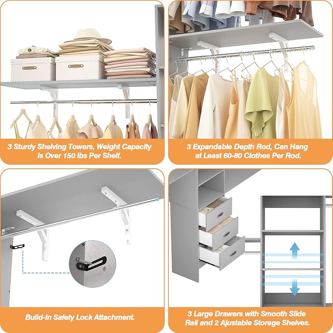 Armocity 96" Wood Closet System with 3 Enclosed Drawers & 3 Solid Shelves, 8FT Adjustable Closet Organizers and Storage, Heavy Duty Modular Wardrobe for Reach-In & Walk-In, 1000 LBS Load, Grey