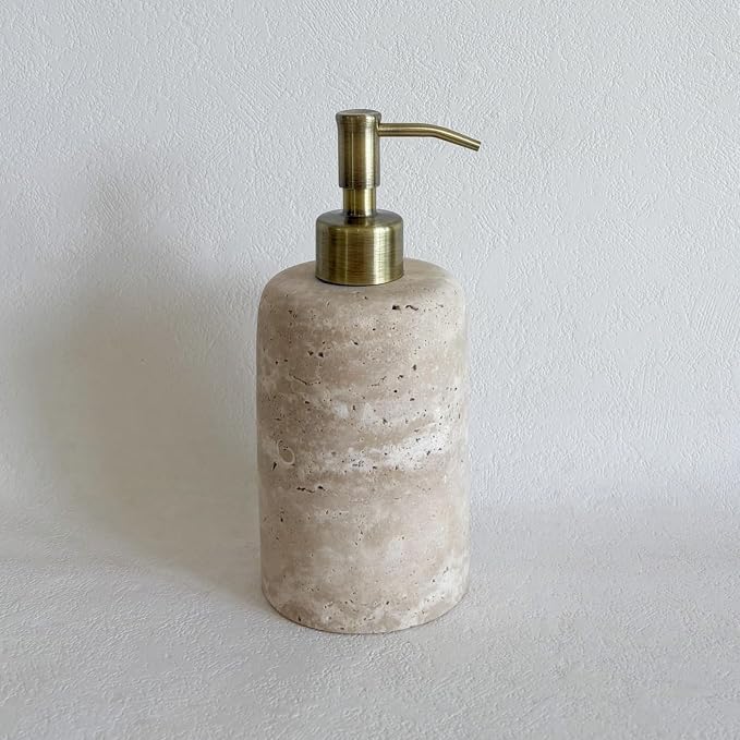 Natural Marble Vintage Stone Refillable Bathroom Liquid Dispenser 165ml Lotions Soap Container Stainless Steel Pump Head (Beige Travertine)
