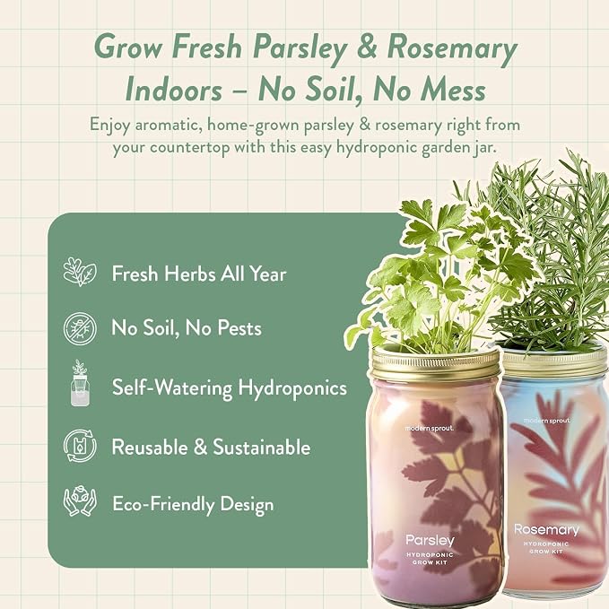 Modern Sprout Garden Jar & Herb Stripper Bundle Self-Watering Herb Grow Kit w/Recyclable Mason Jar + 3-in-1 Prep Peeler & Grater Plate - Indoor Gardening - Gift for Mother's Day (Rosemary & Parsley)