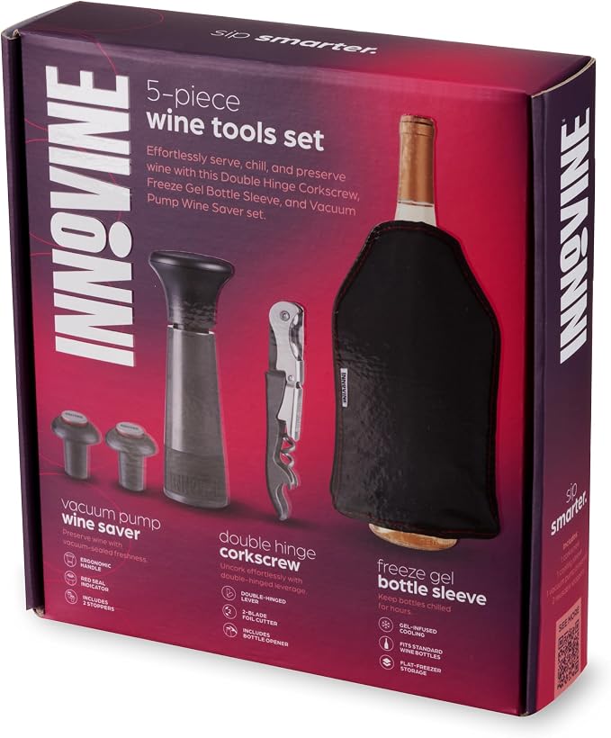Chilled Wine Pro 5-Piece Gift Set, Graphite – Vacuum Pump Wine Saver with 2 Stoppers, Double-Hinge Waiter’s Corkscrew, Freeze Gel Wine Bottle Sleeve | Preserve, Uncork & Chill