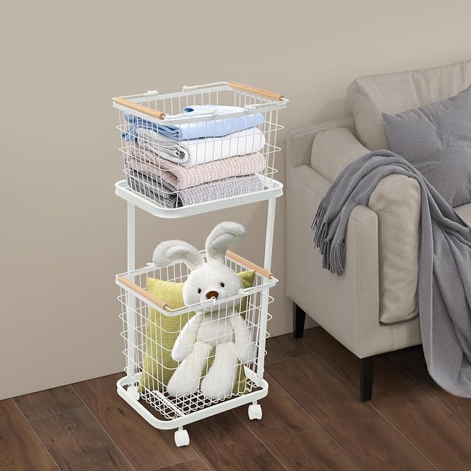 2 Tier Laundry Basket, Removable Metal Wire Laundry Cart with 4 Universal Wheels Rolling Laundry Basket Floor Standing Clothing Garment Sorting Hamper Organizer Load Bearing Capacity 88.18 lbs (White)