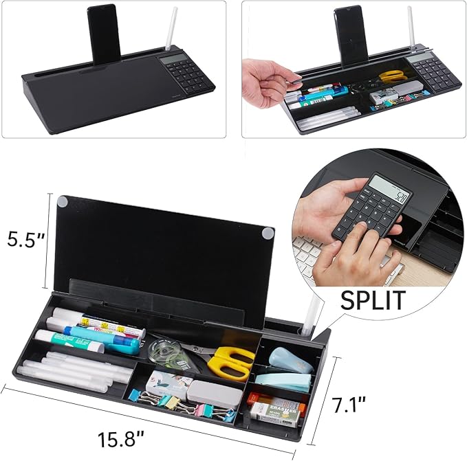Small Glass Desktop Whiteboard Dry-Erase-Board - Computer Keyboard Stand with Calculator White Board Surface Pad with Drawer, Desk Organizers with Accessories for Office, Home, School Supplies - Black