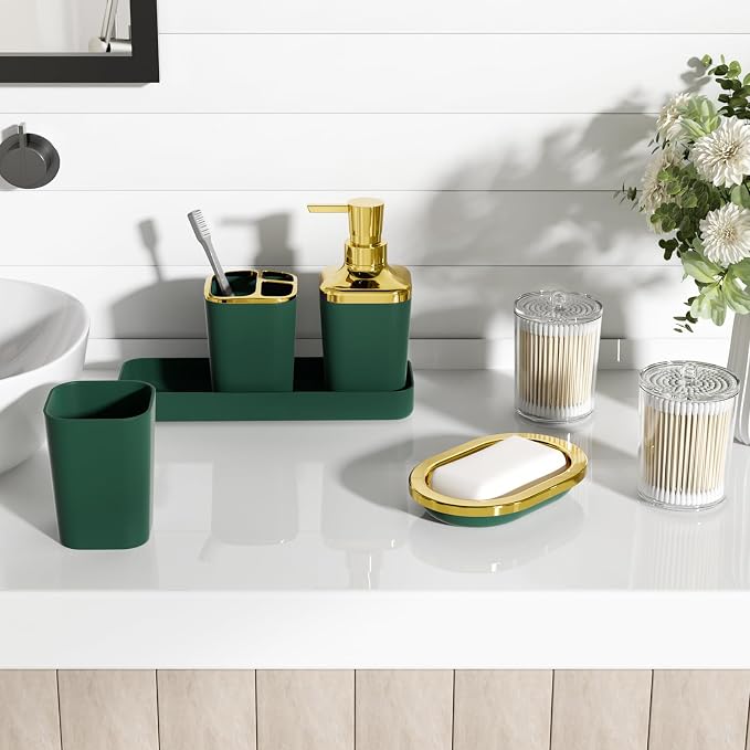 XLHOMO Bathroom Set, 9PC Bathroom Accessory Set, Green Bathroom Accessories, Green Bathroom Set, Trash Can, Soap Dispenser for Home Decor