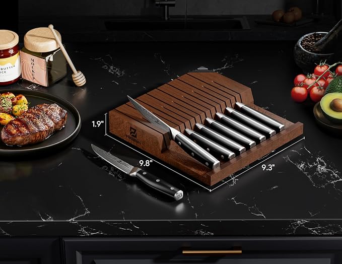 Steak Knives Set of 8 with Drawer Organizer Built-in Sharpener, 4.6 Inch Non Serrated Dinner Knife, Forged German Steel Damascus Pattern Straight Edge Meat Knife with Full Tang Handle, Black | 4.6 Inch Non Serrated Dinner Knife, Forged German Steel Dam...