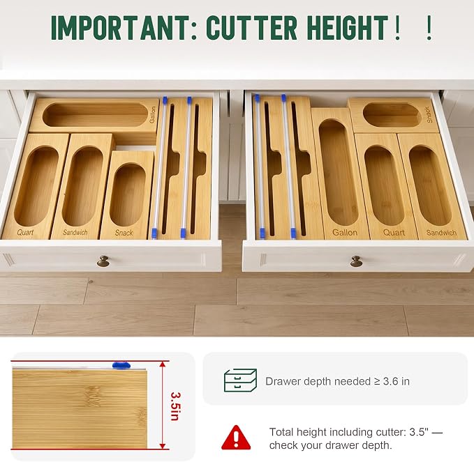 Reclosable Poly Bag Organizer for Kitchen Drawer, 5-Slot | Bamboo, 5 Independent Boxes, Slide Cutter, Magnetic Lid, Space-Saving Drawer Organizer
