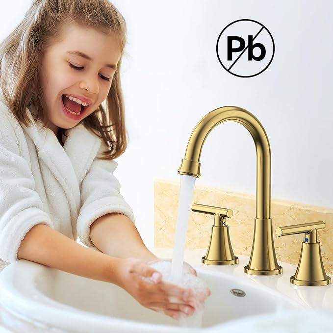 Bathroom Faucets for Sink 3 Hole, Hurran Brushed Gold Bathroom Sink Faucet with Pop-up Drain and Supply Lines, Stainless Steel Lead-Free Widespread Faucet for Vanity RV, 2 Pack
