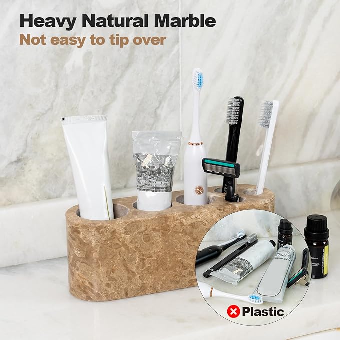 Toothbrush Holder for Bathrooms, 6 Slots Marble Toothbrush and Toothpaste Holder Stand Bathroom Organizer Countertop for Electric Toothbrush, Floss, Razor, Comb-Chestnut Brown