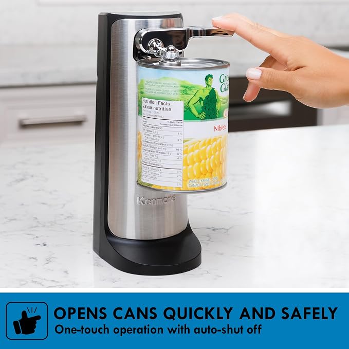 Kenmore Electric Can Opener - Arthritis-Friendly, Bottle Opener, Knife sharpener, Latas Abrelatas, Cord Storage, Automatic Countertop Appliance Stainless Steel Detachable Cutting Lever