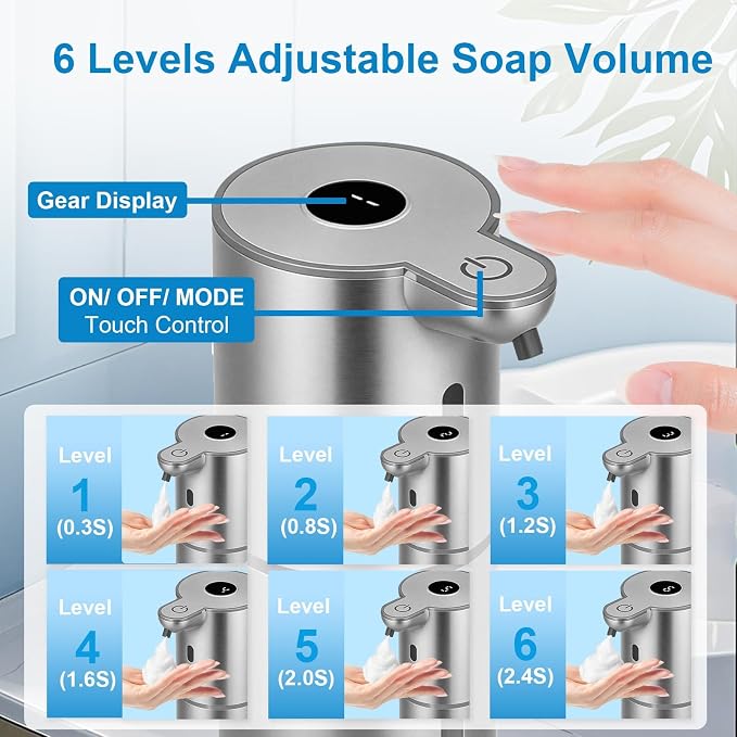 OHIFAST Automatic Foaming Soap Dispenser Touchless, USB Rechargeable Smart Hand Soap Dispenser, 6-Level Adjustable, 12.8oz/380mL Wall Mounted for Bathroom Kitchen Dish Soap-Silver