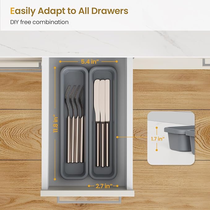 2 Pack Silicone Silverware Drawer Organizer, DIY Free Combination Kitchen Drawer Organizer, Utensil Organizer, Moisture-proof and Heat-resistant up to 200°C, Anti-slip Design (Grey)
