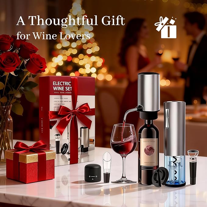 7-in-1 Electric Wine Opener & Aerator Set, Rechargeable Automatic Corkscrew, Wine Aerator, Vacuum Stoppers, Dispenser, Foil Cutter, Gift for Wine Lovers, Housewarming, Birthday, Wedding or Anniversary