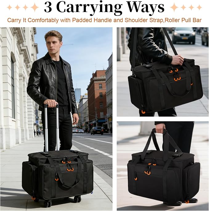 Rolling Dj Cable Bag with Laptop and Microphone Pocket, Dj Bag for Equipment and Music Accessories with Detachable Dividers, Bottom Pad, Dj Gig Bag for Musicians, Professional, Travel, Orange