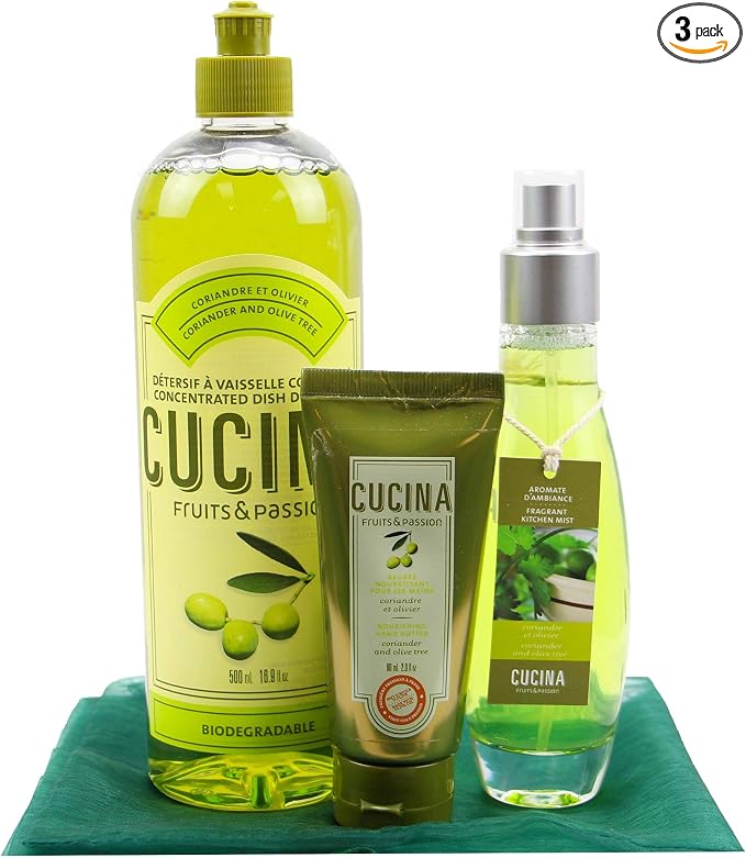 Fruits and Passion Kitchen Basics Bundle dish soap Room Spray and hand Butter Deluxe Set (Coriander and Olive Tree)
