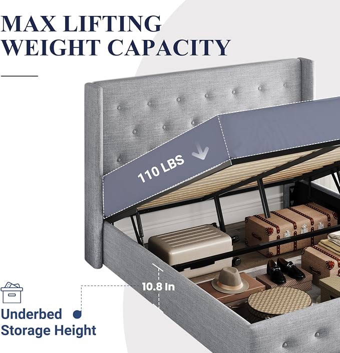Allewie Full Size Lift Up Storage Button-Tufted Bed Frame Light Grey | Modern Wingback Headboard, Hydraulic Support Storage, No Box Spring Needed