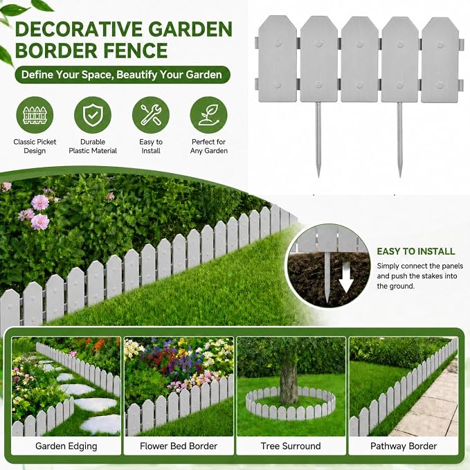 Garden Border Edging: Wooden Grain Fence Dog Ear Design - Landscaping Fence Liner Lawn Edge Barrier - Decorative Lawn Landscape Panels Elements -Landscaping Edging (Gray, 20ft.)