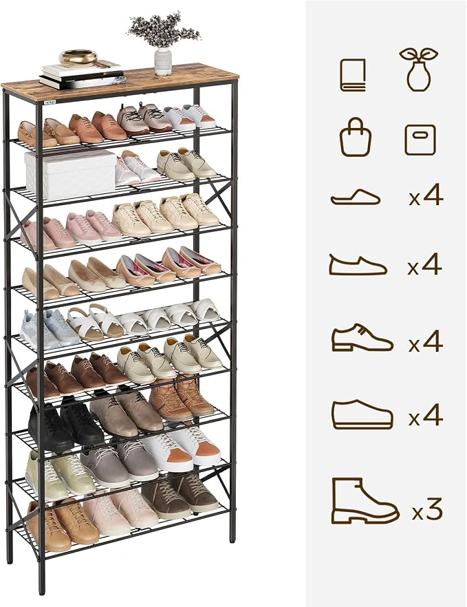 YATINEY 10 Tier Shoe Rack, Large Capacity Shoe Storage Organizer Holds 40 Pairs, Sturdy and Stable, for Entryway, Hallway, Closet, Dorm Room, Rustic Brown SS10BR