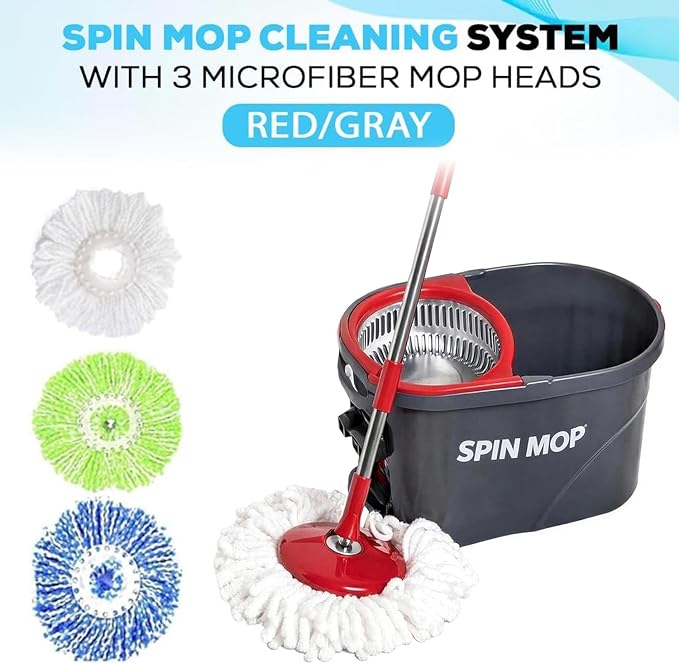 Simpli-Magic 360° Spin Mop and Bucket with Wringer – 10,000 Spin Cycles – 3 High-Absorbent Microfiber Replacement Heads – Mop and Bucket Set for All Types Floor Cleaning