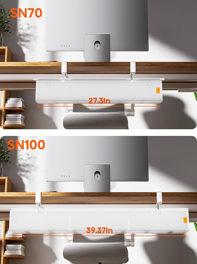 39" No Drill Under Desk Cable Management Tray (White) | Fire-Resistant Thickened Nylon Material, Clip-on Cord Organizer to Hide Power Strip, Heat Dissipation Mesh Design, for Office