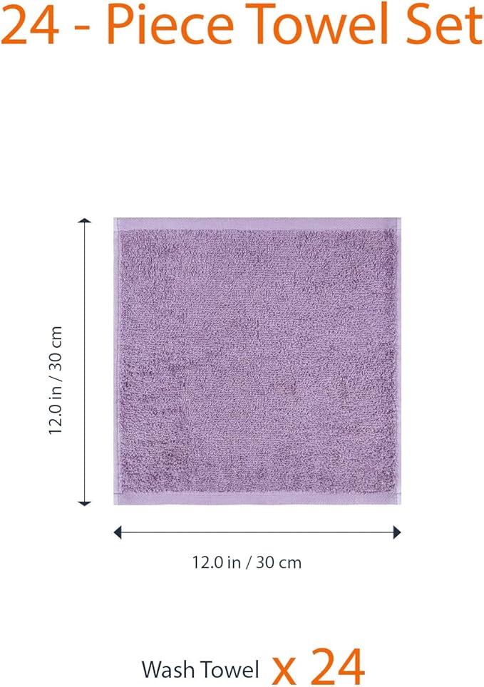Amazon Basics Highly Absorbent, Fast Drying 100% Cotton Washcloths for Bathroom, Machine Washable, 12 x 12 inches, Lavender, 24-Pack
