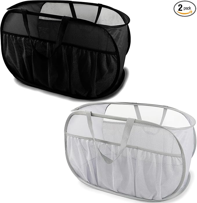 2 Pack Collapsible Laundry Baskets, Upgrade Pop Up Laundry Hamper with Convenient Bags, Foldable Laundry Basket Mesh Light Weight, Easy to Carry Clothes Hampers for Laundry, Dorm, Travel Black+Grey