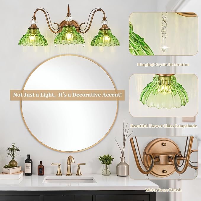 Vintage Bathroom Vanity Light, 3-Light Matte Antique Brass Finish Wall Sconce with Hanging Crystal Accents and Flower-Shaped Green Glass Shades, Retro Wall Mount Vanity Light Over Mirror for Bathroom