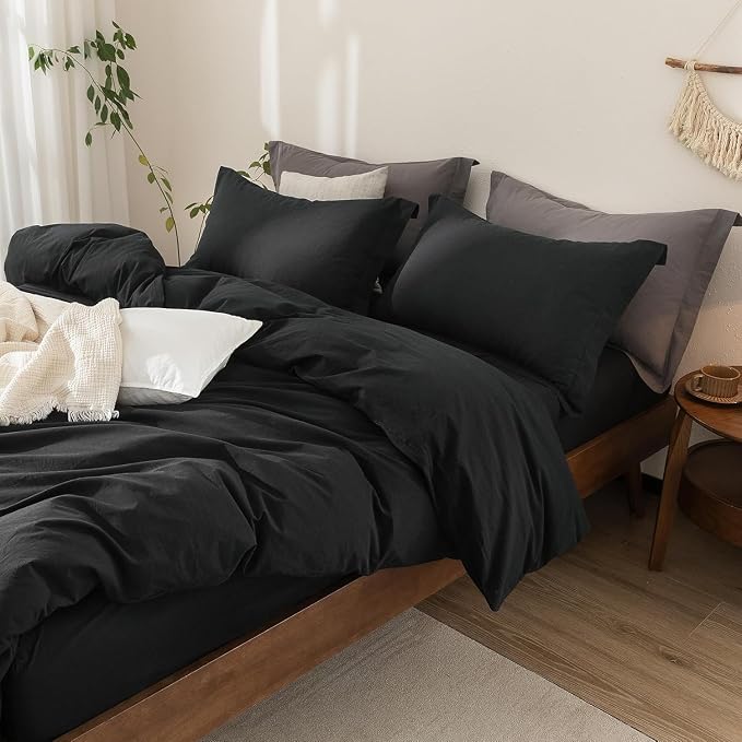 Black Duvet Cover Super King Size 100% Washed Cotton Bedding Set Cover 1 Duvet Cover with Zipper Closure and 2 Pillowcases, 108inch x 98inch