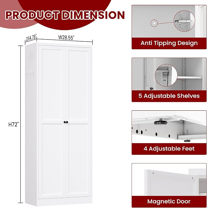 AQY Metal Pantry Cabinet, 72" White Kitchen Storage Cabinet with Doors | 5 Adjustable Shelves Ventilated Metal Cabinet Hanging Hooks Freestanding Kitchen Storage