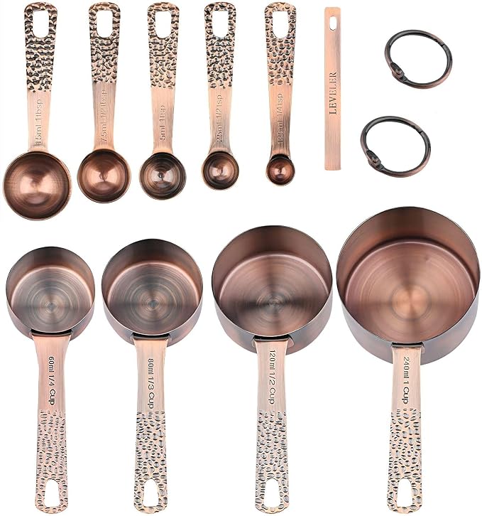 Copper Measuring Cups and Spoons Set, Stainless Steel Measuring Tools Set for Baking & Kitchen, Metric & US 4 Copper Plated Measure Cups and 5 Measure Spoons with Leveler for Wet & Dry