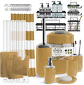 Clara Clark Bathroom Accessories Set - 28PC Bathroom Set with Adhesive Corner Shower Caddy Hanging, Bathroom Sets with Shower Curtain and Rugs, Gold Shower Curtain Set with Bathroom Trash Can