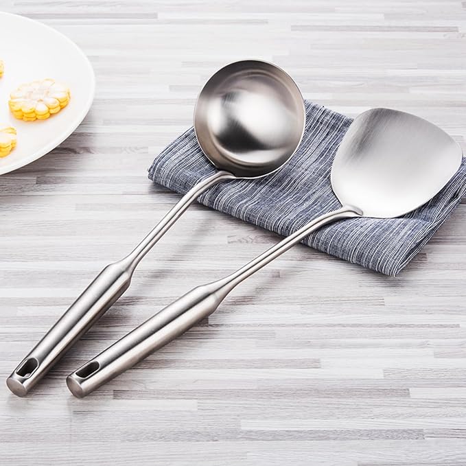 304 Stainless Steel Cooking Utensils Set 4 Piece 15 Inch Large Size Metal Kitchen Utensils Set Including Spatula,Ladle,Serving Spoon,Meat Fork,Stainless Steel Cooking Tools