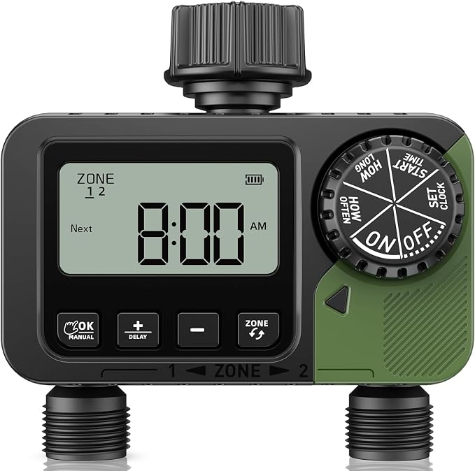 Sprinkler Timer 2 Outlets, Programmable Water Hose Timer with Rain Delay/Manual/Automatic Watering System, Outdoor Digital Auto Irrigation for Garden Yard Lawn with Large Display(Black+Olive Green)