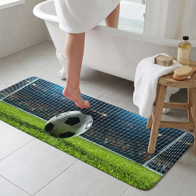 Football Bathroom Runner Rugs Non Slip Washable Absorbent Narrow Long Bath Mat Soccer Ball Sports Net Mesh Evening Match Runner Rugs for Kitchen Hallway Bedroom Laundry Study Room 31.5"x78.7"