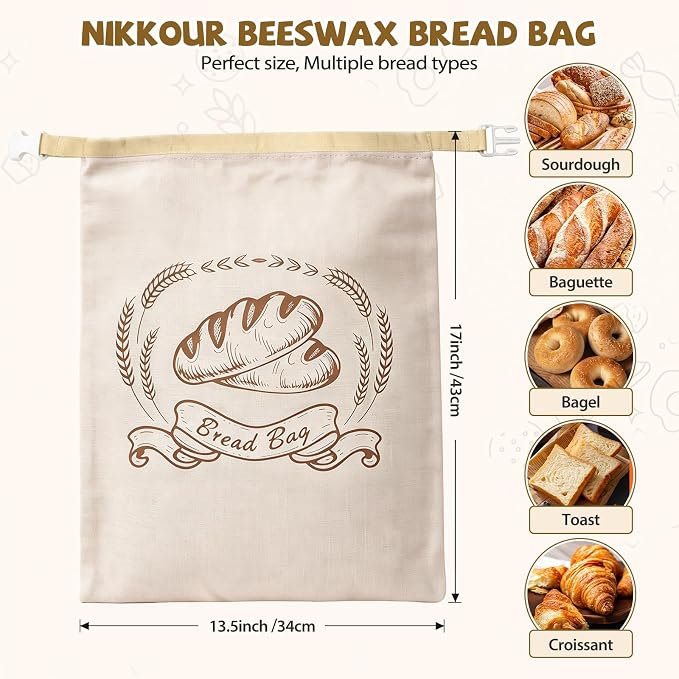Large Linen Beeswax Bread Bags(1 Pack) Sourdough Bread Bags Reusable Double-Lock Freezer Baking Container Gift Giving for Homemade,Loaf,Sourdough,Food Storage(Artisan Bread Sketch Print, 1Pack)