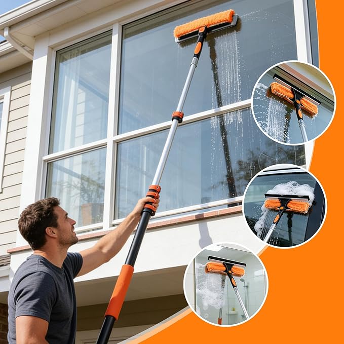 26FT Window Cleaning Kit, 2-in-1 Squeegee with 5-20FT Telescoping Pole & Flip-Lock & Screw Dual Locking, Professional Long Handle Washing Tool for High Windows