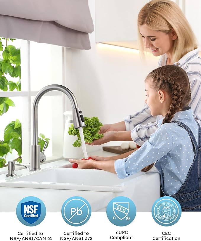 WOWOW Kitchen Faucet with Soap Dispenser: 304 Stainless Steel Kitchen Sink Faucet with Pull Down Sprayer 3 Modes, Single Handle High Arc Mixer Taps for Sink, RV, Laundry, Bar (Brushed Nickel)