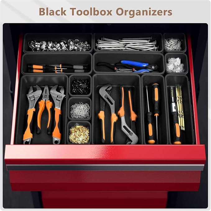 A-LuGei 【𝟲 𝗦𝗜𝗭𝗘 & 100PCS】 Tool Box Organizer Tray Set【Fits 100+ Tools】 Black Plastic Drawer Divider Desk Drawer Organizer Garage Organization for Rolling Tool Chest Cart Workbench Office Storage