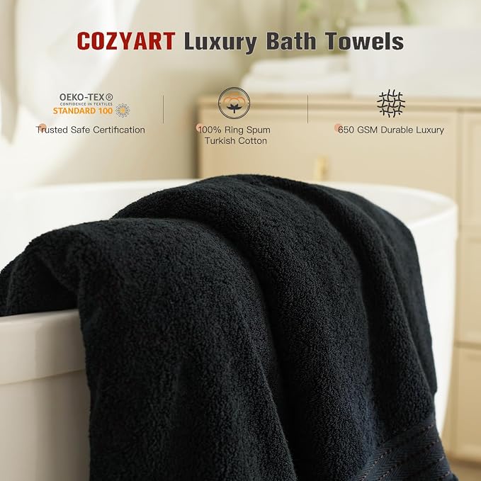 COZYART Luxury Bath Towel Set 6 Pcs, Black 100% Turkish Cotton 650 GSM | OEKO-Tex 100 Certified Zero Twist Ring Spun, Soft Absorbent Quick Dry, Plush Fluffy, Breathable Hotel Quality for Daily Use
