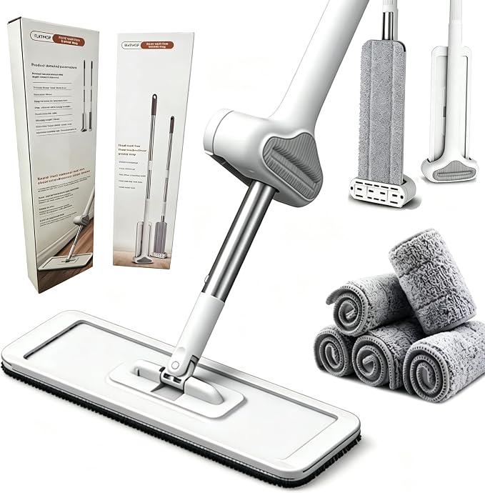 360 Hands-Free Self Wringing Floor Cleaning Mop, Flat Mop, White | Microfiber mop pads, 6 reusable washable pieces, easy hand wash. Ideal for floors & window cleaning