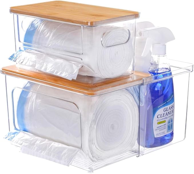 iCASA 3 in 1 Trash Bag Dispenser Under Sink Kitchen Garbage Bags Organizer | Trash Bag Holder with Bamboo Lid, Holds up to 100 Count, 13/30/33 Gallon Bag Roll, Pantry, Laundry Room Storage Organization
