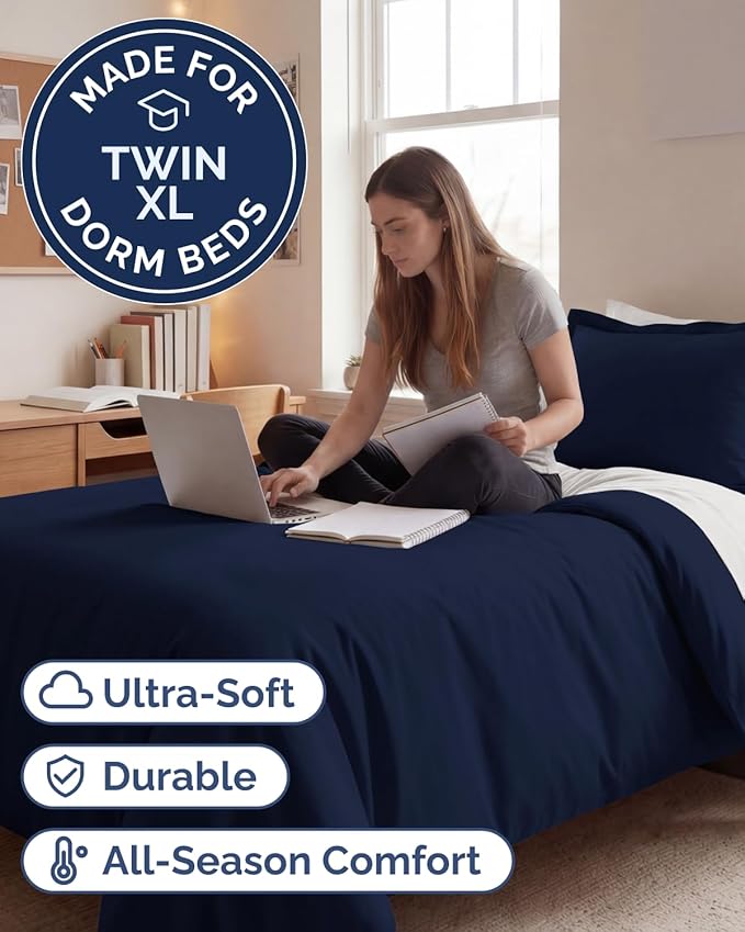 Duvet Cover Twin/Twin XL Size Set - Extra Soft Twin/Twin XL Duvet Cover 68" x 90" with 1 Pillow Sham for Women, Men, Kids & Teens - Comfy, Easy-Care & Fade Free w/ Zipper Closures & Ties (Navy Blue)