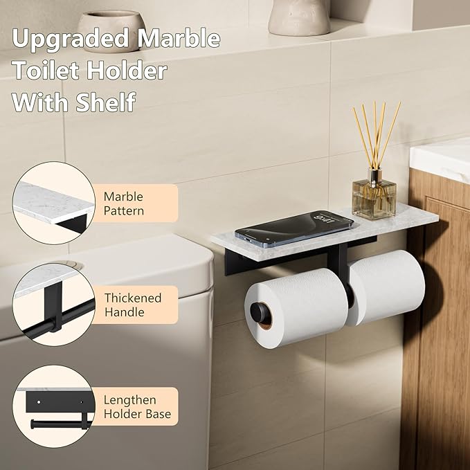 Marble Toilet Paper Holder with Shelf,Doulble Bathroom Tissue Roll Holder,304 Stainless Steel Toilet Paper Holder Wall Mounted,Modern Tissue Holder for Bathroom Washroom,Matte Black